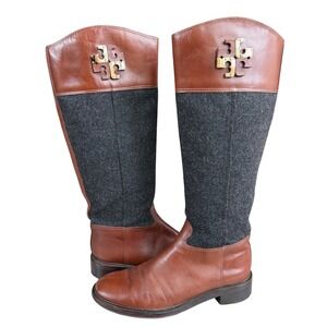 Tory Burch Mixed Media Leather Wool Equestrian riding Boots Brown Gray 9.5M